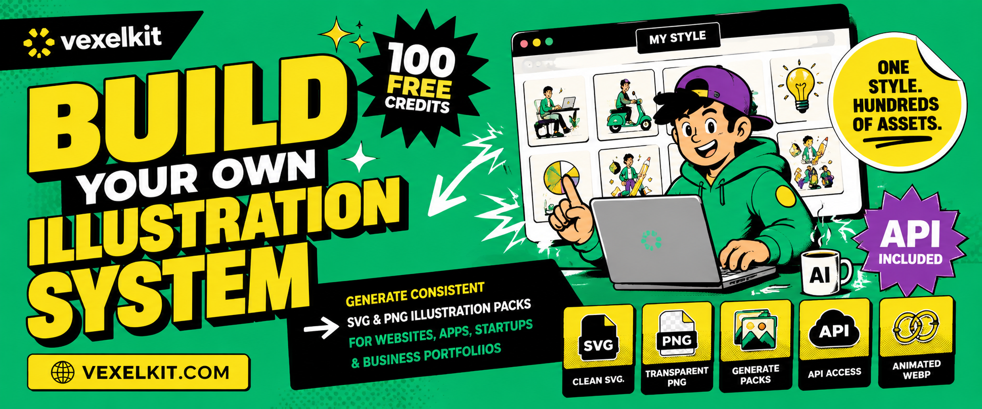 VexelKit — build your own illustration system. Generate consistent SVG and PNG illustration packs for websites, apps and startups. 100 free credits, API included.